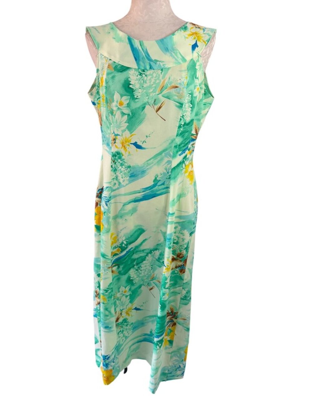 Island Fashions Womens Back Pleat Tie Floral Maxi Dress Green Size Large Vintage